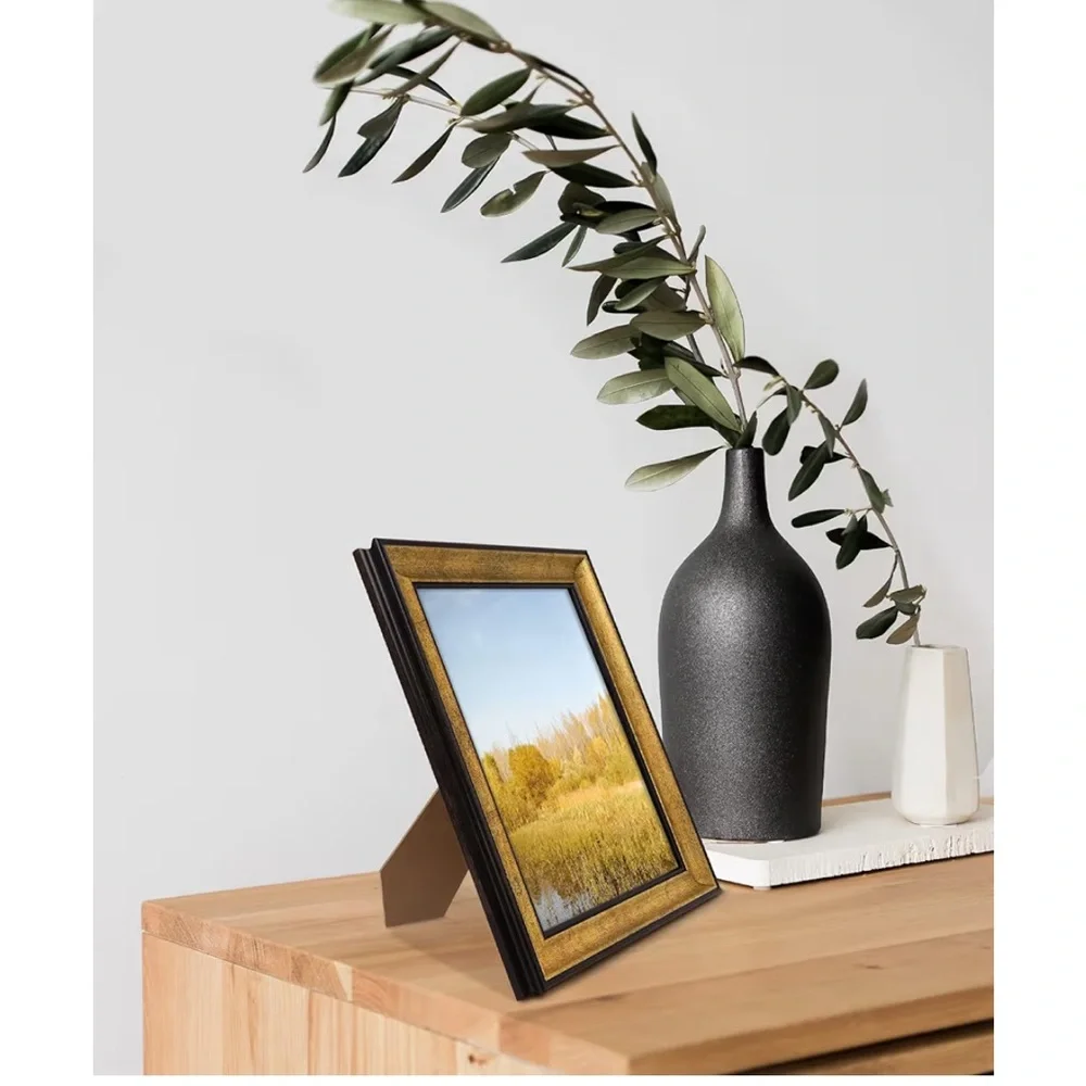 Antique Gold Black Trim Frame Landscape/Portrait Easel Stand/Sawtooth Hanger